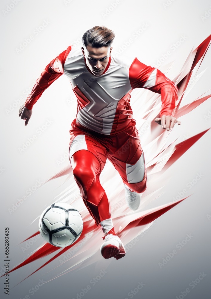 Soccer player kicking ball, isolated, red and white uniform.