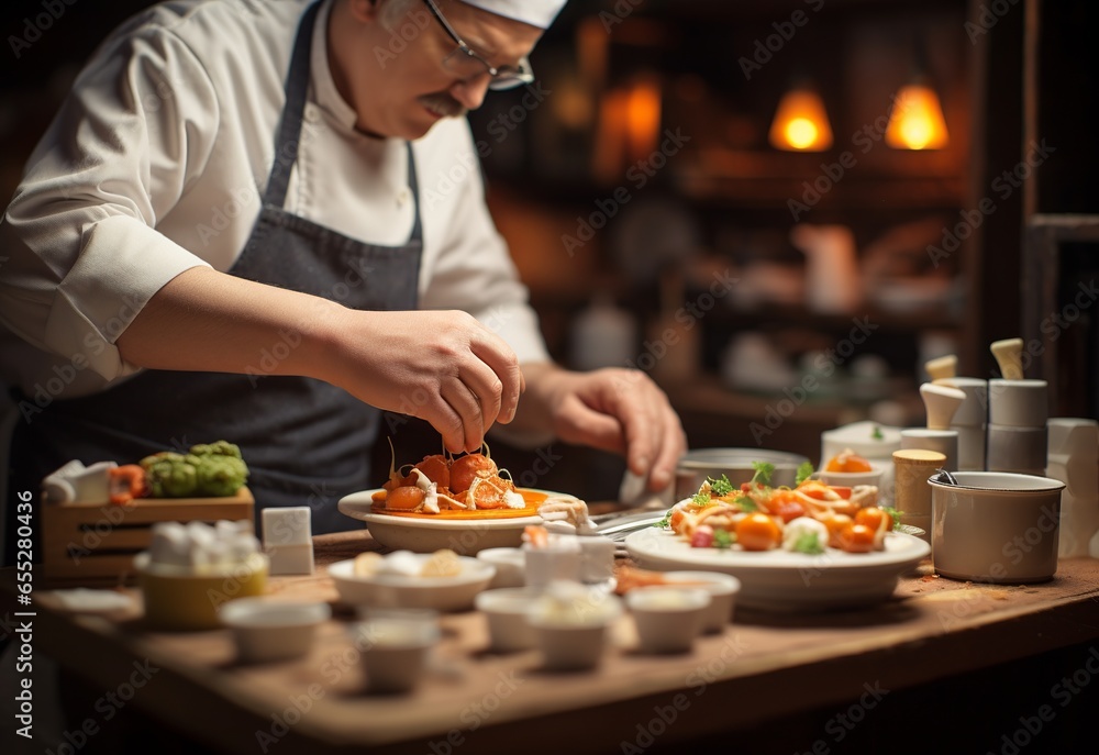 Portrait of an experienced chef preparing an avant-garde dish at a restaurant