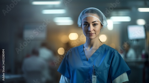 Portrait of a beautiful nurse in a hospital with blurred background