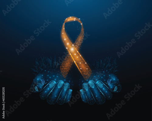 Two human hands are holds orange ribbon awareness. Leukemia awareness month concept. Abstract vector illustration on dark blue background.