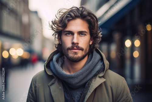 Fashion and lifestyles concept. Beautiful and happy young man close-up outdoors street portrait. Gorgeous model man with beard looking at camera. Urban blurred background. Generative AI