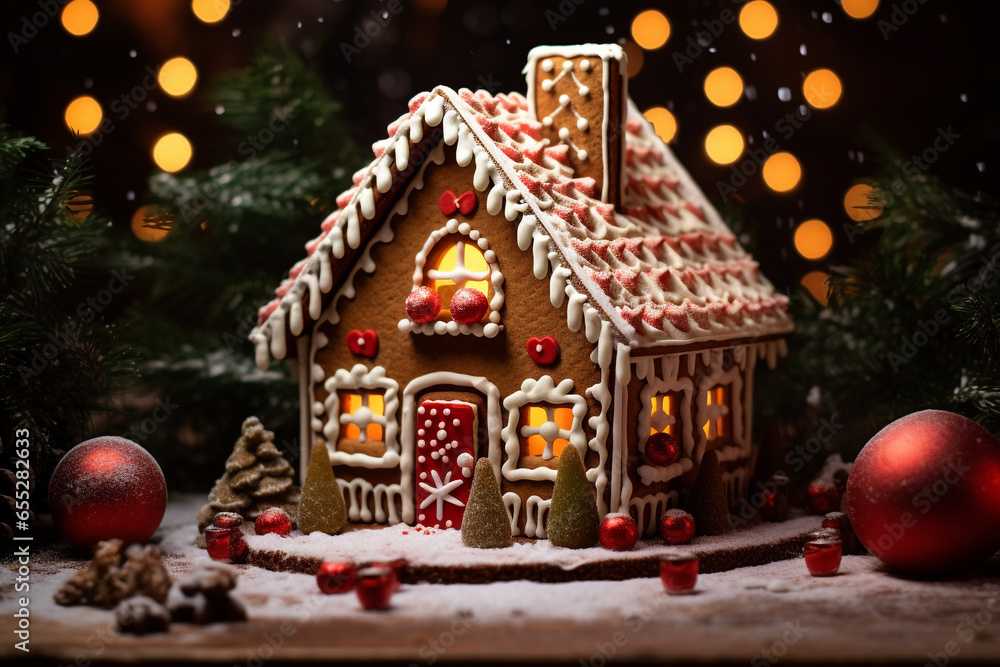 Food, Christmas and New Year holidays concept. Gingerbread house and cookies with Christmas style decorations. Cozy festive mood. Generative AI