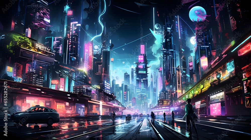 Night city street lights and fast moving cars. Panoramic illustration
