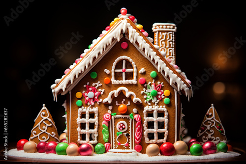 Food, Christmas and New Year holidays concept. Gingerbread house and cookies with Christmas style decorations. Cozy festive mood. Generative AI © Rytis