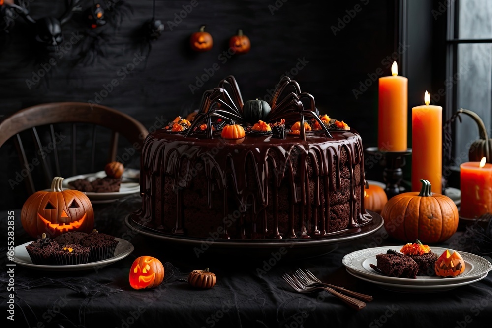 Halloween-Themed Dark Dining Table Setting with Spooky Delicacies, cake, muffin, sweet, AI Generated Halloween-Themed Dark Dining Table Setting with Spooky Delicacies, cake, muffin, sweet, AI Generated