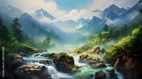 Mountain landscape panorama with a river flowing through the forest.