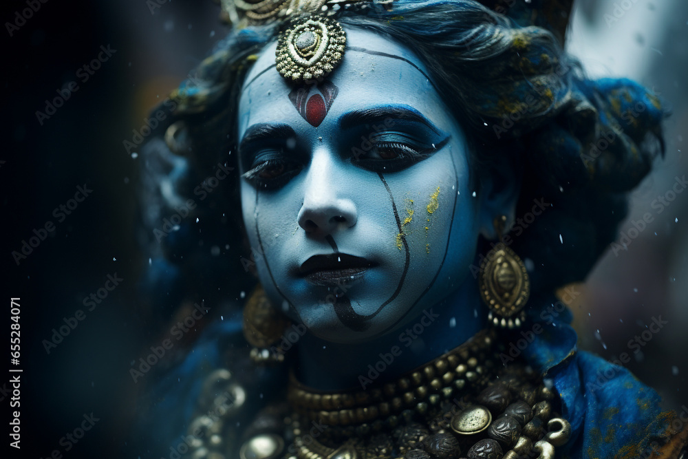 Culture and religious, states of mind concept. Lord Hindu god Krishna realistic close-up portrait. Hyper realistic details of face illustrative. Generative AI Culture and religious, states of mind concept. Lord Hindu god Krishna realistic close-up portrait. Hyper realistic details of face illustrative. Generative AI