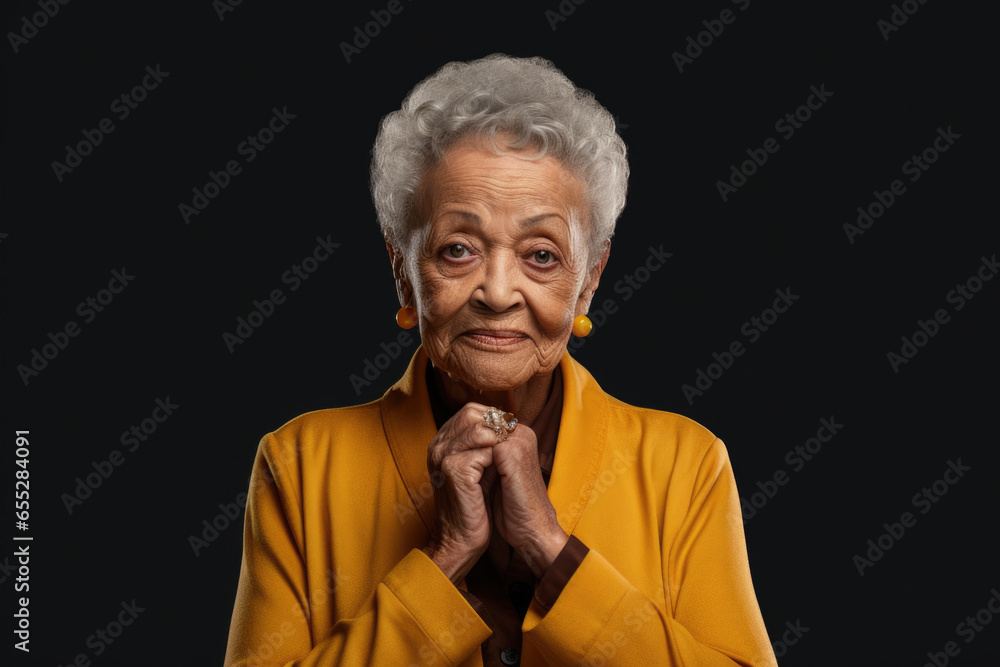 An older woman wearing a yellow jacket poses for a picture. This image can be used for lifestyle blogs, fashion websites, or travel magazines. An older woman wearing a yellow jacket poses for a picture. This image can be used for lifestyle blogs, fashion websites, or travel magazines.