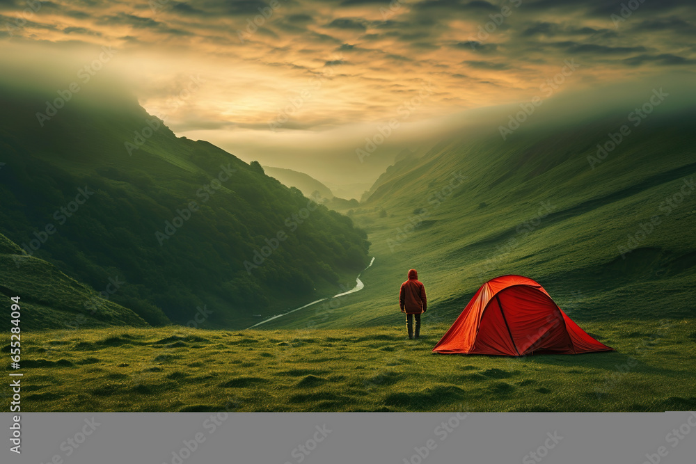 man pitch camping red tent, one person, green morning environments - obrazy, fototapety, plakaty 