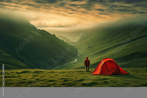 man pitch camping red tent, one person, green morning environments photo