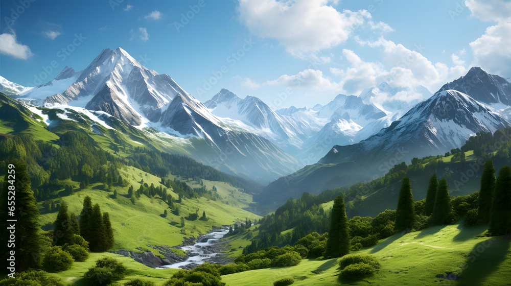 Panoramic view of the beautiful alpine landscape in the summer