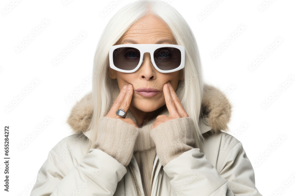 A woman with white hair and sunglasses striking a pose for a photograph. This image can be used for fashion, lifestyle, or portrait concepts.