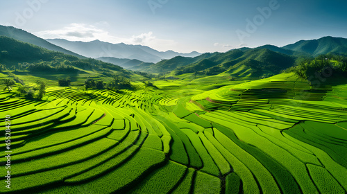 Nature photography, farm land, green rice fields, drone view