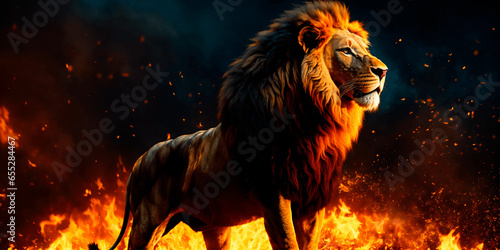 A majestic lion standing on black background with flames. Concept of strength and bravery.