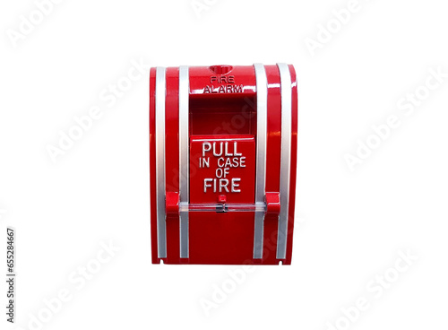 Fire alarm switch box isolated on transparent background with clipping path. Device or tool for pull in case of fire and prevent emergency event and Protect concept. png transparency