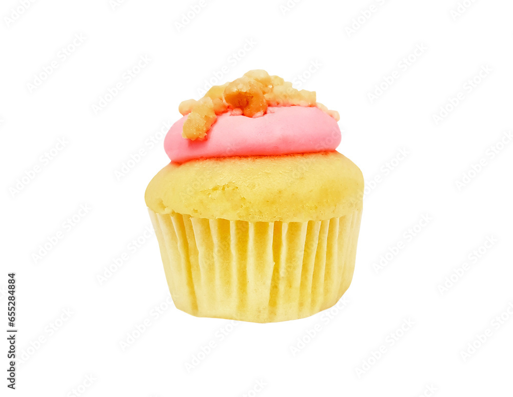 Cupcake with strawberry cream and brown sugar topping isolated on transparent background with clipping path or make selection. Fresh bakery baked. png transparency Cupcake with strawberry cream and brown sugar topping isolated on transparent background with clipping path or make selection. Fresh bakery baked. png transparency