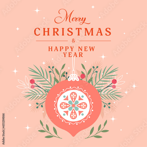 Christmas greeting New Year card in vintage design with Christmas ball and fir branches on a pink pastel background. Flat style. Vector illustration.