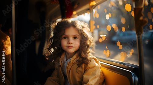 portrait of a children in the bus, sitting in the yellow banch photo