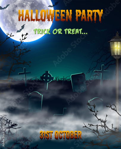Vector halloween vertical party banner with spooky graveyards and moon.