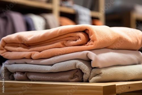 Several blankets folded together on a wooden shelf, soft washing product concept.