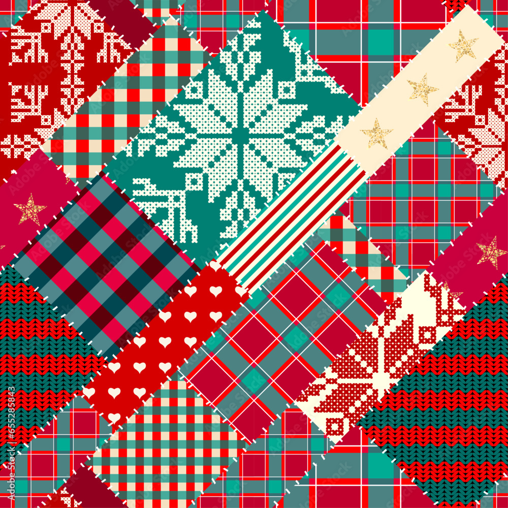 Fototapeta premium Merry Christmas Patchwork textile pattern. Seamless quilting design background.