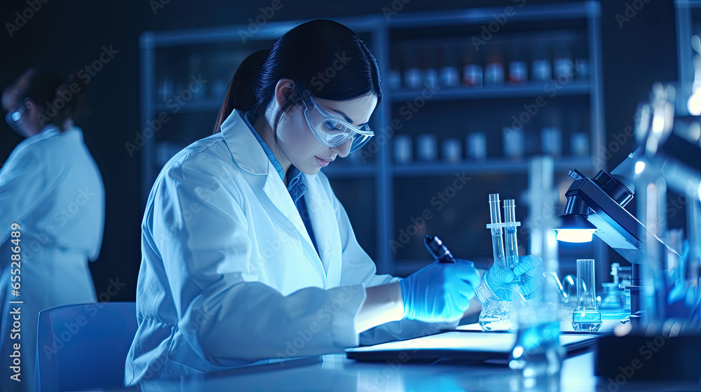 Professional health care researchers working in life of medical science laboratory, technology of medicine chemistry lap experiment for hospital. AI Generative Professional health care researchers working in life of medical science laboratory, technology of medicine chemistry lap experiment for hospital. AI Generative