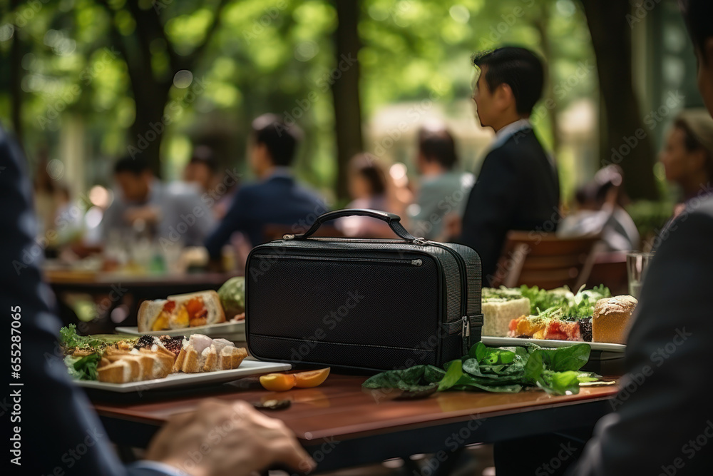 Office workers in business suits have lunch in the park and eat pre-prepared healthy food from a lunchbox, lunch or brunch in nature