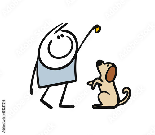 Doodle boy holds a treat high, trains the dog. Vector illustration of a funny stickman and circus act with animals.