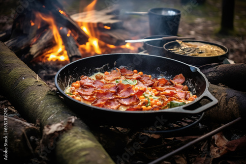 Camping breakfast with bacon and eggs in a cast iron skillet. Fried eggs with bacon in a pan in the forest. Food at the camp. Scrambled eggs with bacon on fire. Picnic