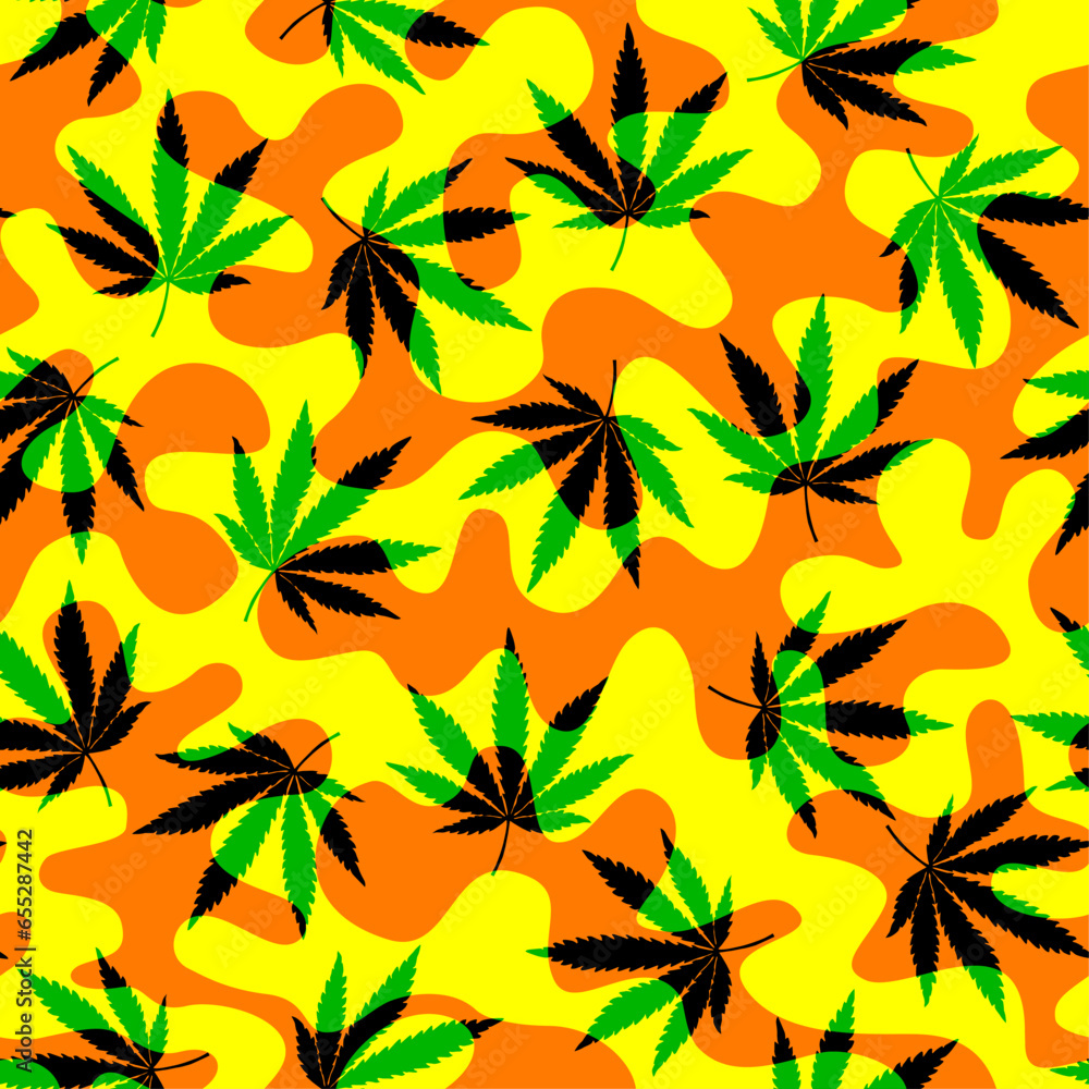 Psychedelic graphic vector. Marijuana inspired design. Reggae background with cannabis leaves. Cannabis Seamless Pattern.