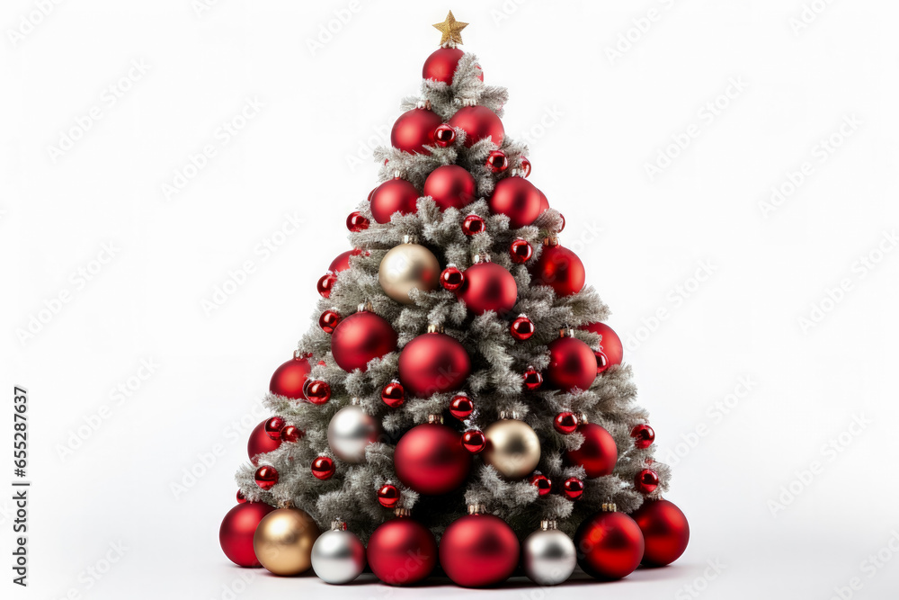 Christmas tree adorned with festive ornaments and lights isolated on a white background Christmas tree adorned with festive ornaments and lights isolated on a white background