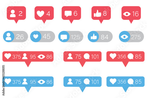 Like social network icons. Like, thumb up and heart collection. Buton for social media. Follower notification symbol. Vector illustration