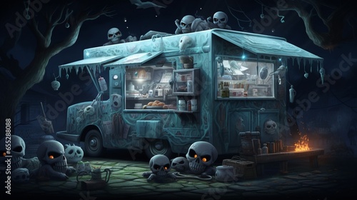 a ghostly food truck with sandwiches and snacks that jump off the menu and into the night the tastiest terror in town Dine at your own peril photo