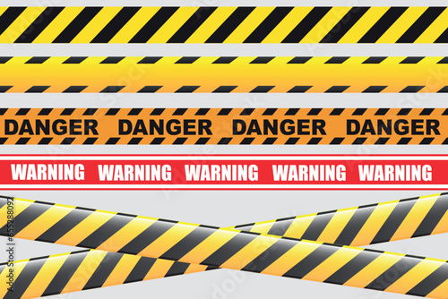 Seamless warning tape collection. Caution hazardous yellow and black diagonal stripes. Set of danger caution seamless tapes. Safety danger signs. Warn Caution symbol. Vector illustration