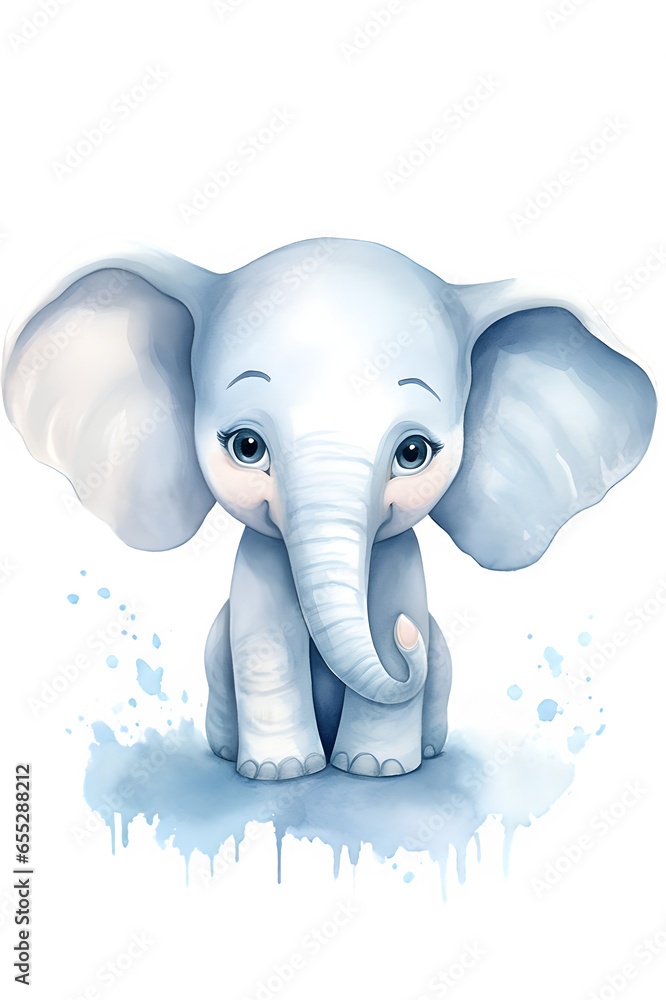 A cute little blue elephant. Transparent background watercolor clipart.