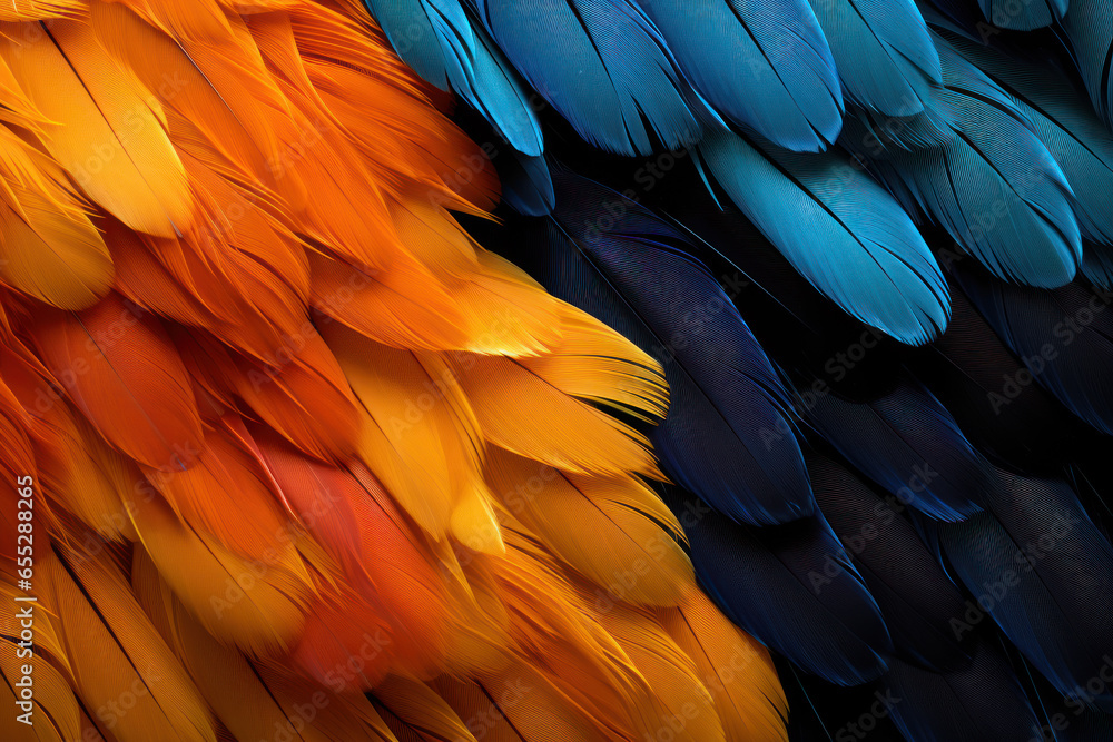 Fototapeta premium Beautiful colorful background of toucan feathers, backdrop of exotic tropical bird feathers