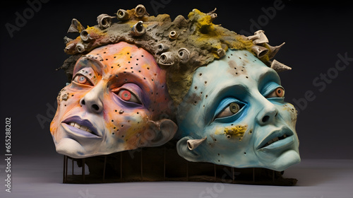 A pair of ceramic masks on a metal cage, the size of a human face, with a serious expression, are intended to illustrate cultural masks and create artistic effects.