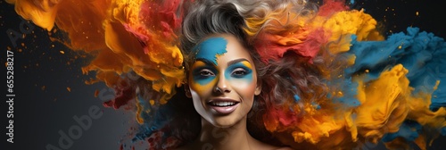 Generative AI image of an attractive woman with Color explosion mask