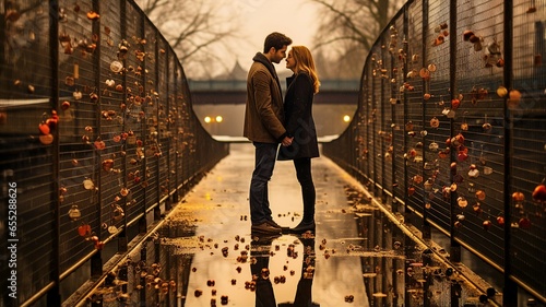 Couple's Reflection in the Water as They Stand on a Bridge with Love Locks on Valentine's Day.