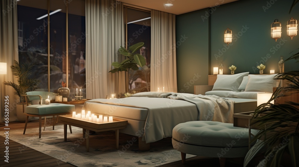 a serene spa setting with soft lighting, relaxing colors, and plush furnishings