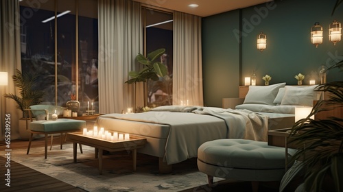 a serene spa setting with soft lighting  relaxing colors  and plush furnishings