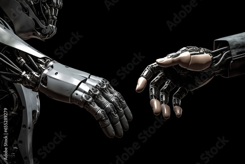 Artificial intelligence. Future technology and communication concept - robot and human hand connecting fingers on a black background