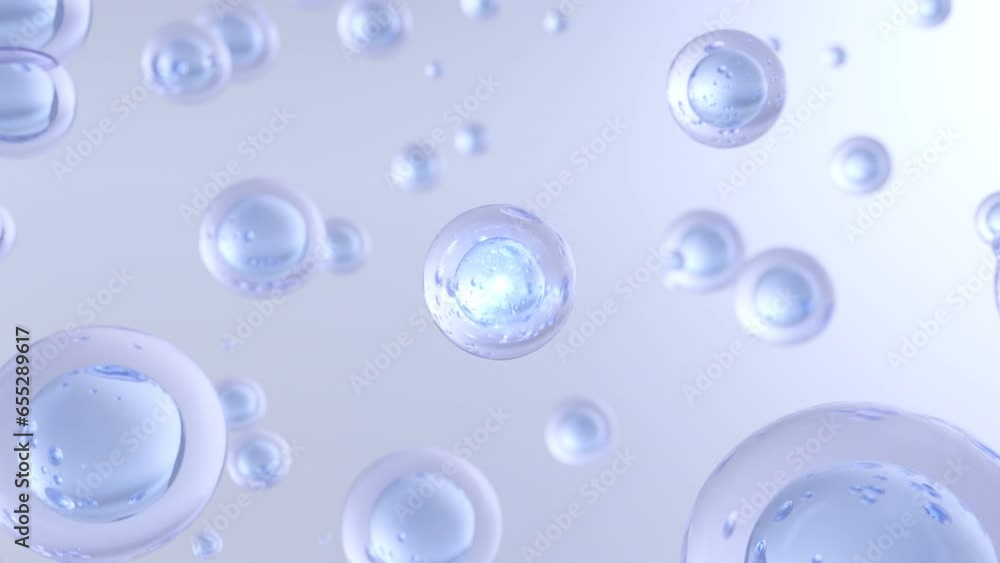 A macro shot of many rising water bubbles against a light blue background. Design for ultra-slow moisturizing bubble blobs in beauty gloss. 3D cosmetic serum animation A macro shot of many rising water bubbles against a light blue background. Design for ultra-slow moisturizing bubble blobs in beauty gloss. 3D cosmetic serum animation