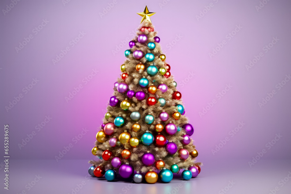 Christmas tree adorned with festive ornaments and lights isolated on a gradient background Christmas tree adorned with festive ornaments and lights isolated on a gradient background