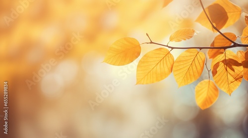 Autumn leaves on a background of bokeh with space for text. Generative AI