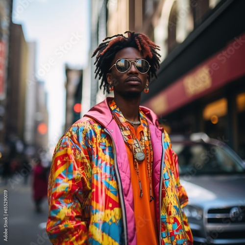 Fashionable Young Man with Dreads: Street Portrait -A trendy, young African man with stylish dreadlocks and a colorful jacket is captured in a street portrait, his gaze meeting the camera
