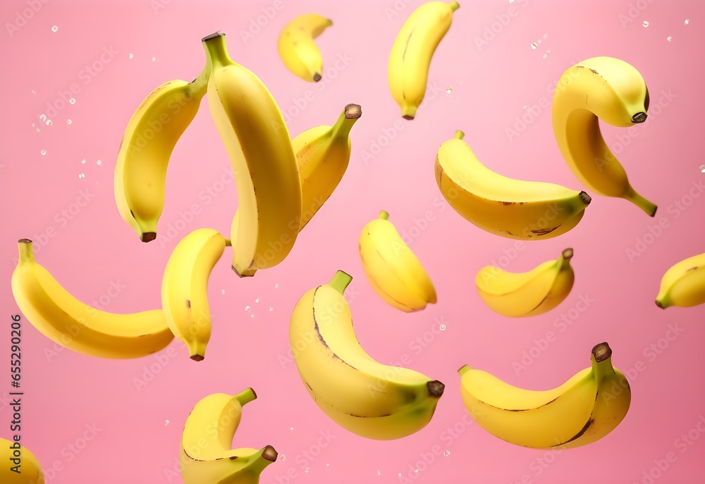 Colorful banana fruits levitation, trendy, fresh juicy splashing  yellow bananas background isolated on pastel modern pink color background. From top view, banner, healthy