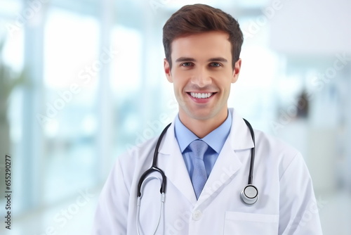 Young white handsome man wearing doctor uniform and stethoscope with a happy smile. Lucky person