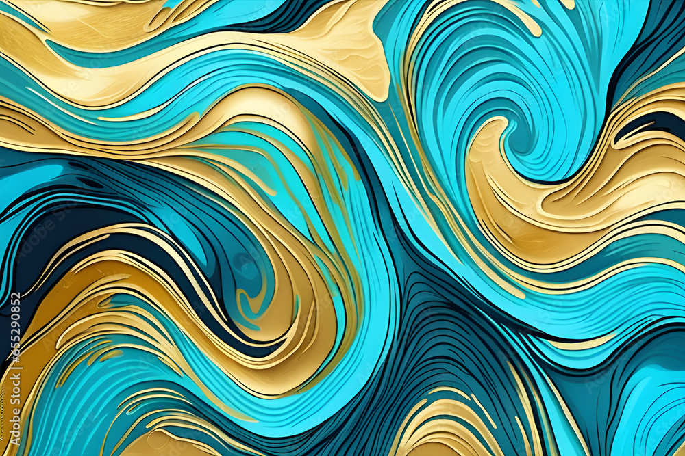 oil paint ink painted waves painting texture colorful background banner - Blue turquoise gold color swirls waves Generative AI