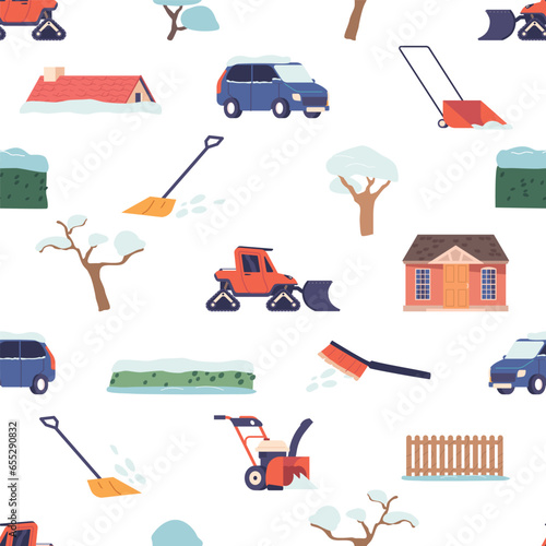 Seamless Pattern With Snowy Trees, Cottage Roof, Fence And House Yard, Brush, Car Covered With Fallen Snow